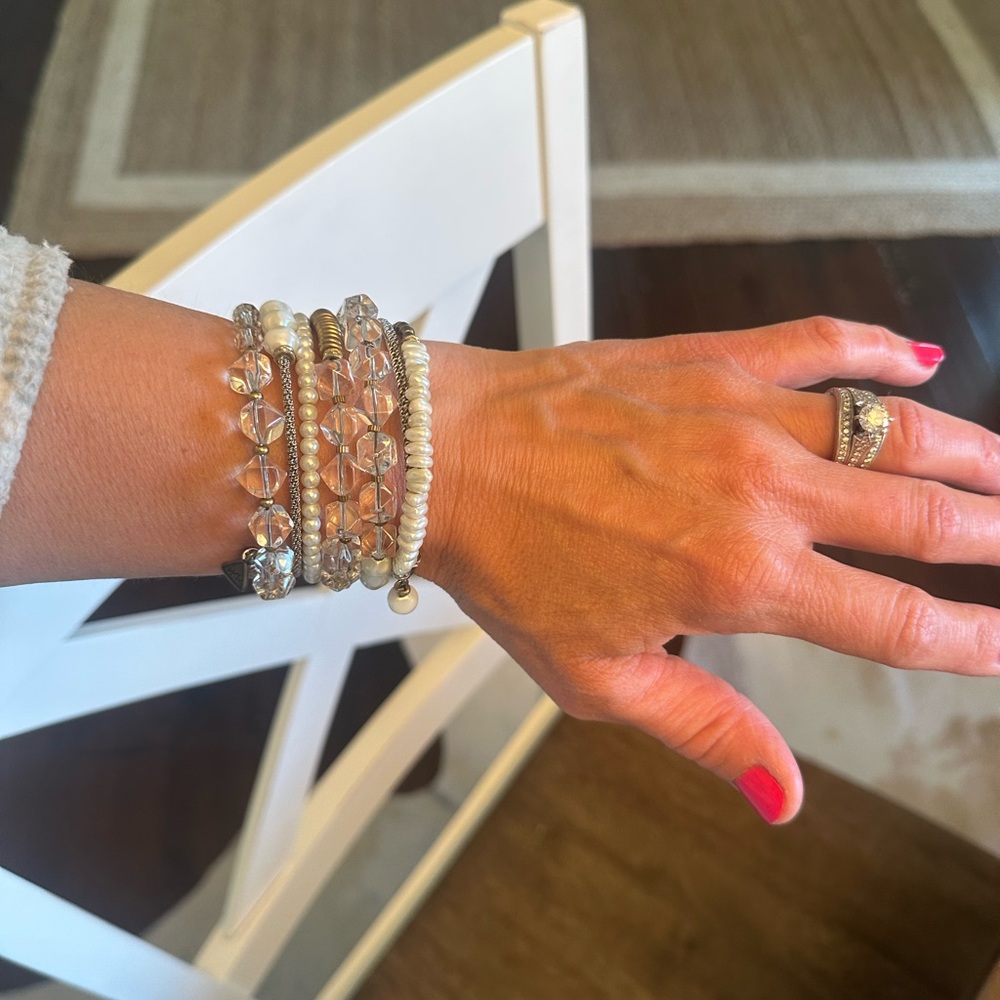 Silpada Clear Crystal and White Bead Stacked Stretch Bracelet Set